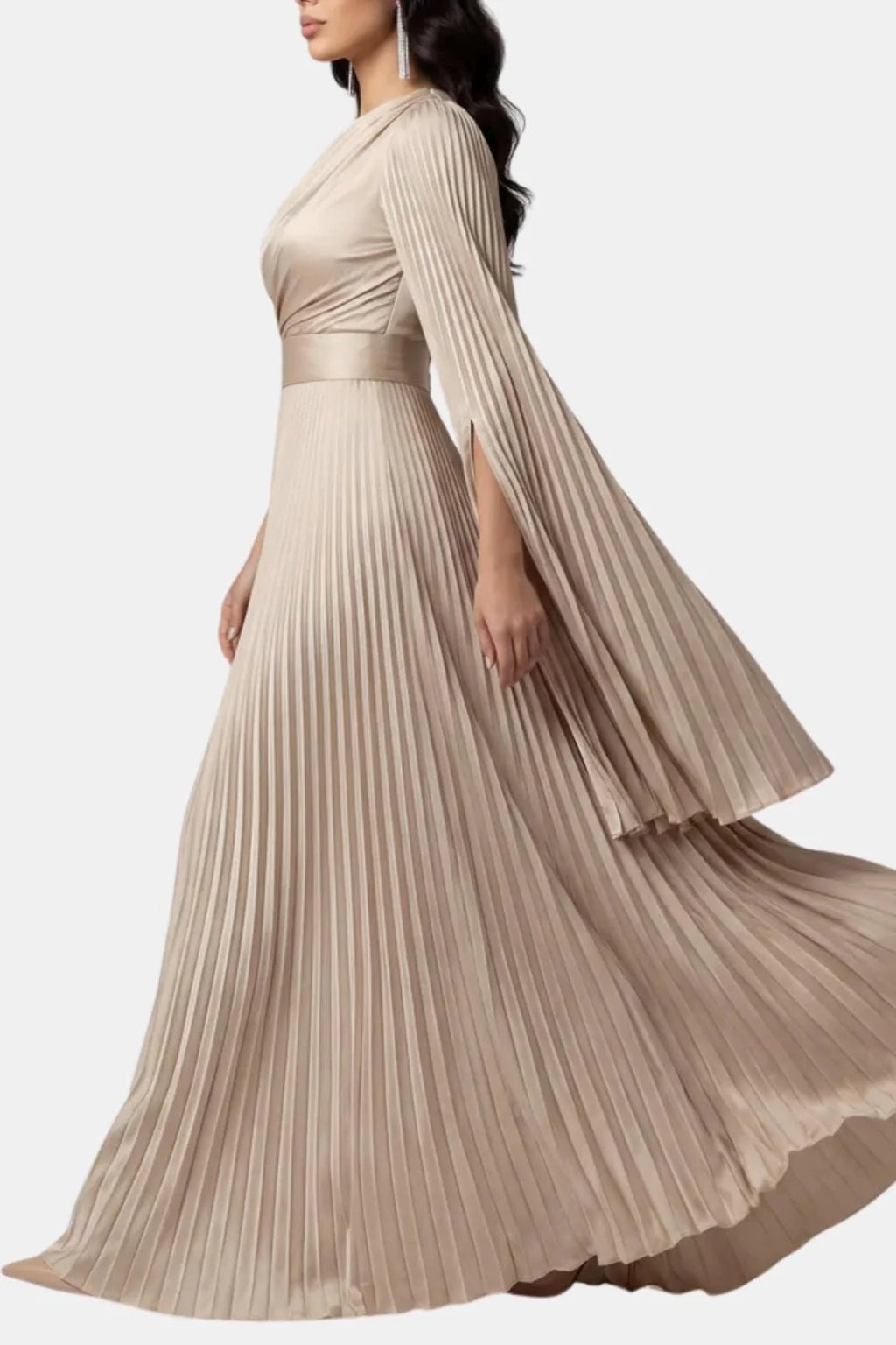 Amaka | Women’s High Neck Long Sleeve Pleated Flowy Maxi Dress