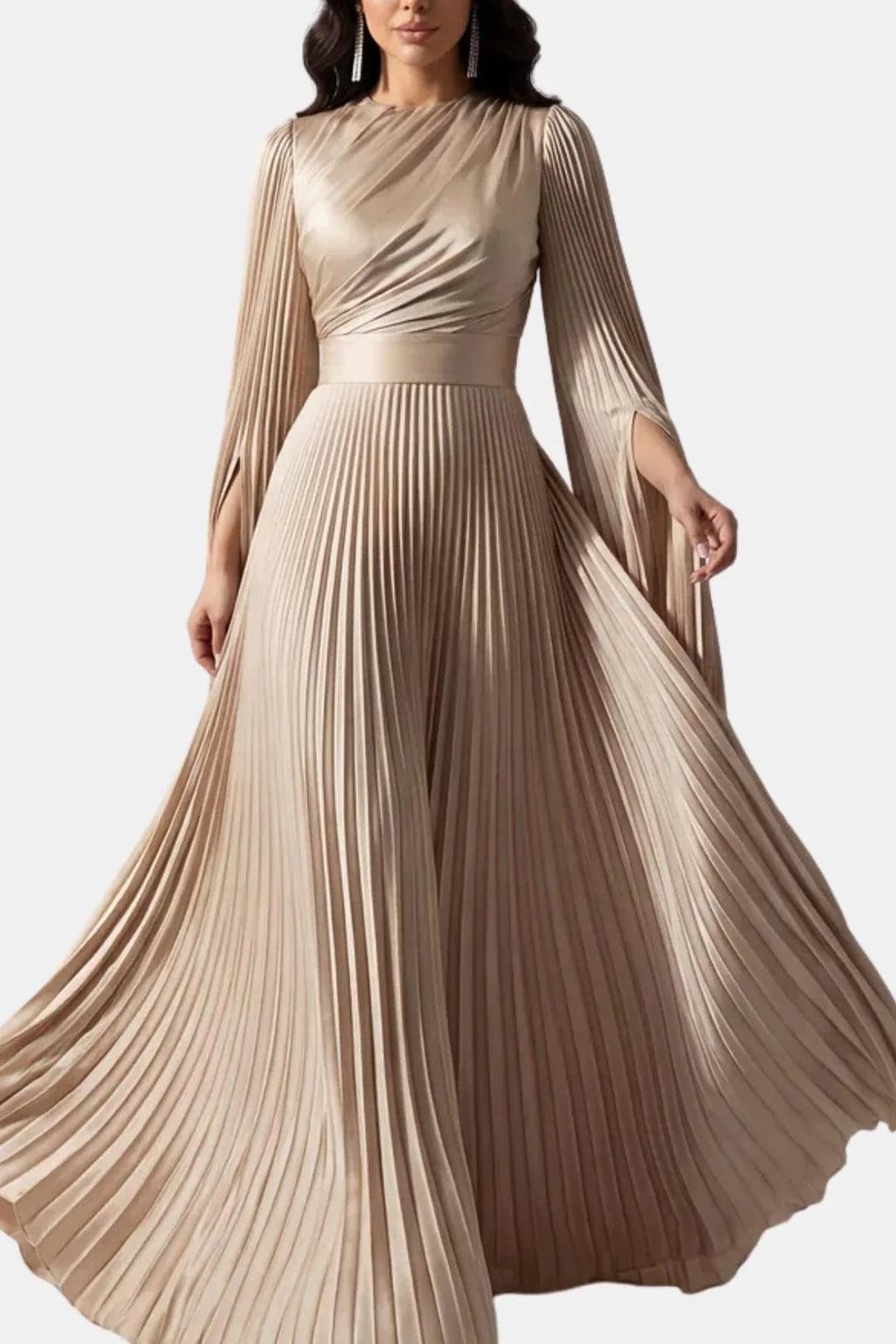 Amaka | Women’s High Neck Long Sleeve Pleated Flowy Maxi Dress