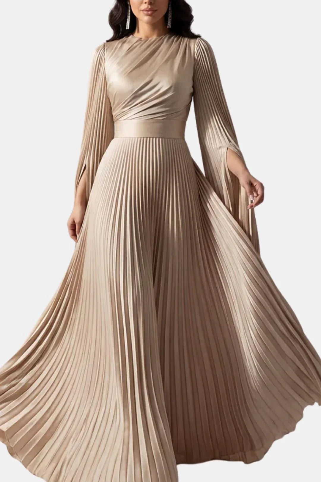 Amaka | Women’s High Neck Long Sleeve Pleated Flowy Maxi Dress