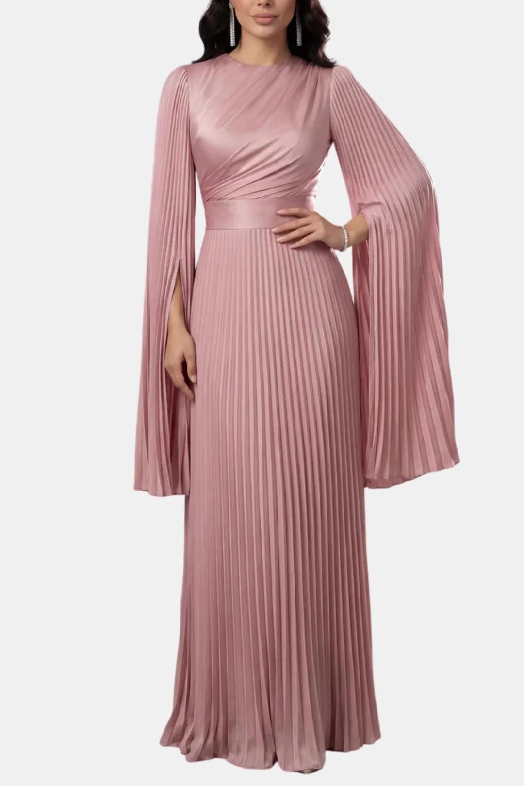 Amaka | Women’s High Neck Long Sleeve Pleated Flowy Maxi Dress
