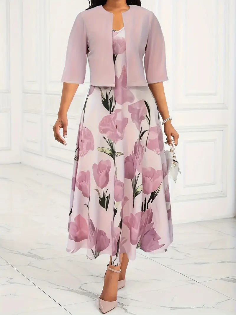 Ambrosia | Women’s V Neck Two Piece Pink Midi Dress
