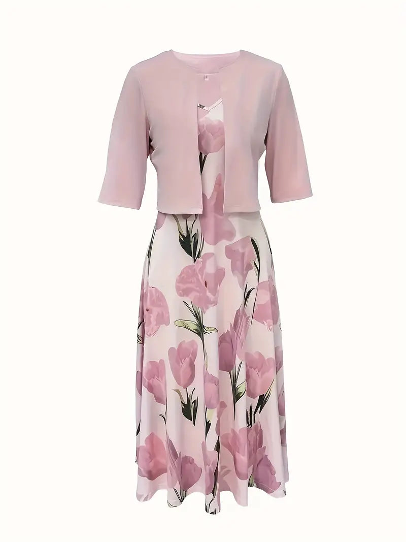 Ambrosia | Women’s V Neck Two Piece Pink Midi Dress