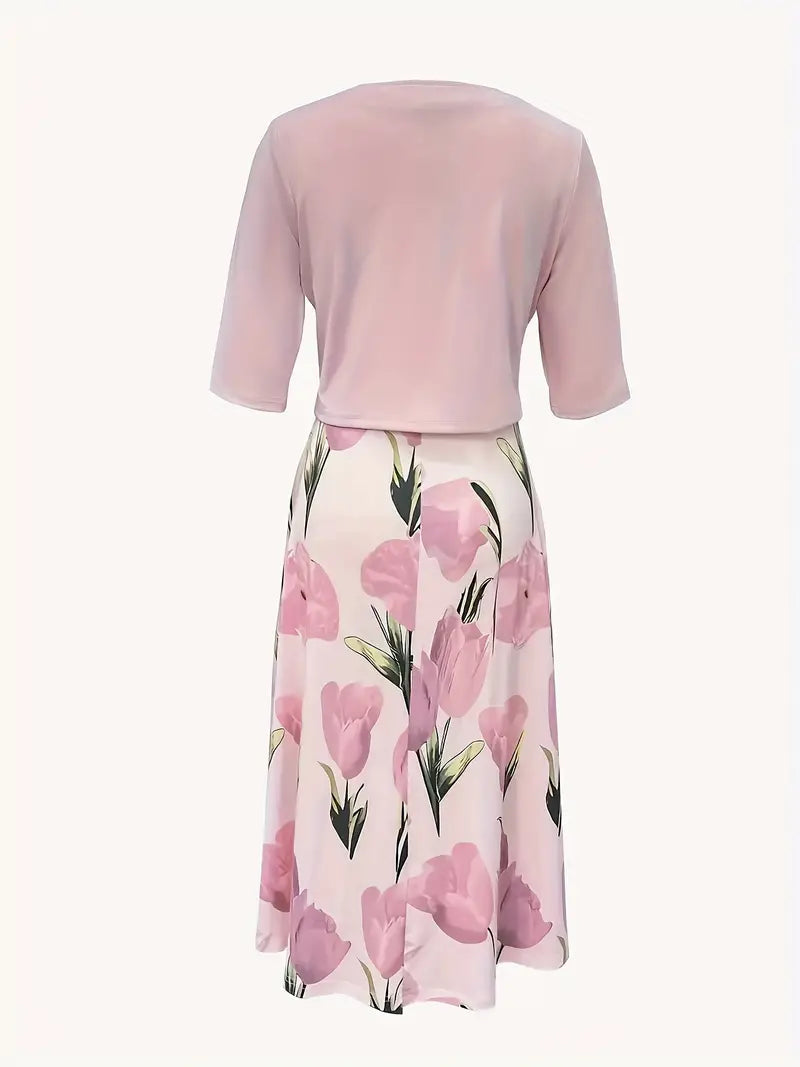 Ambrosia | Women’s V Neck Two Piece Pink Midi Dress