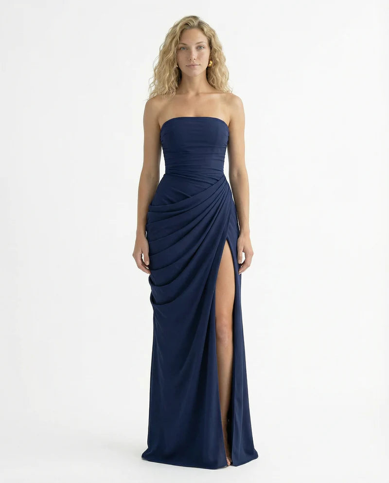 Amelia | Women’s Draped Strapless High Slit Grad Party Dress