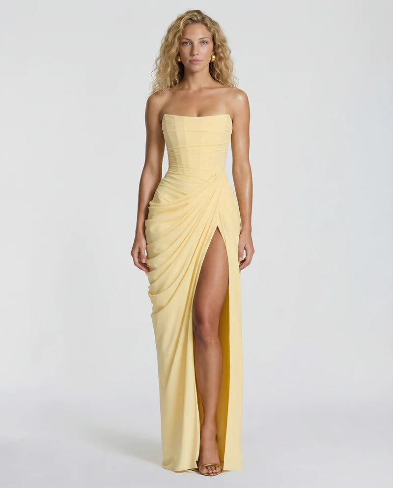 Amelia | Women’s Draped Strapless High Slit Grad Party Dress