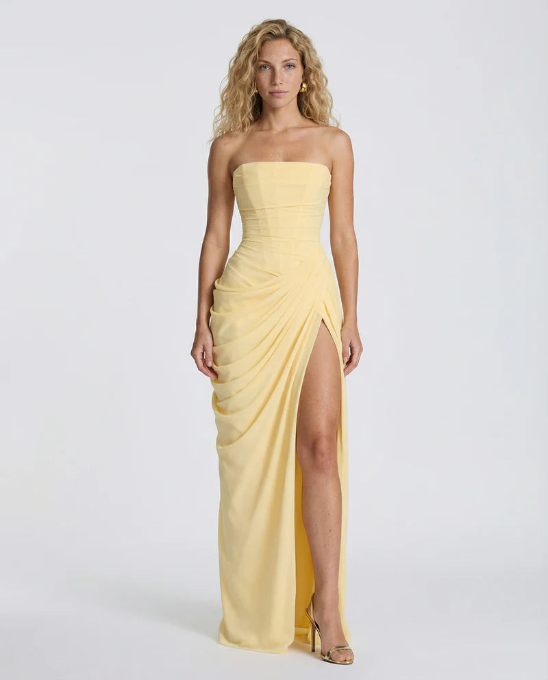 Amelia | Women’s Draped Strapless High Slit Grad Party Dress