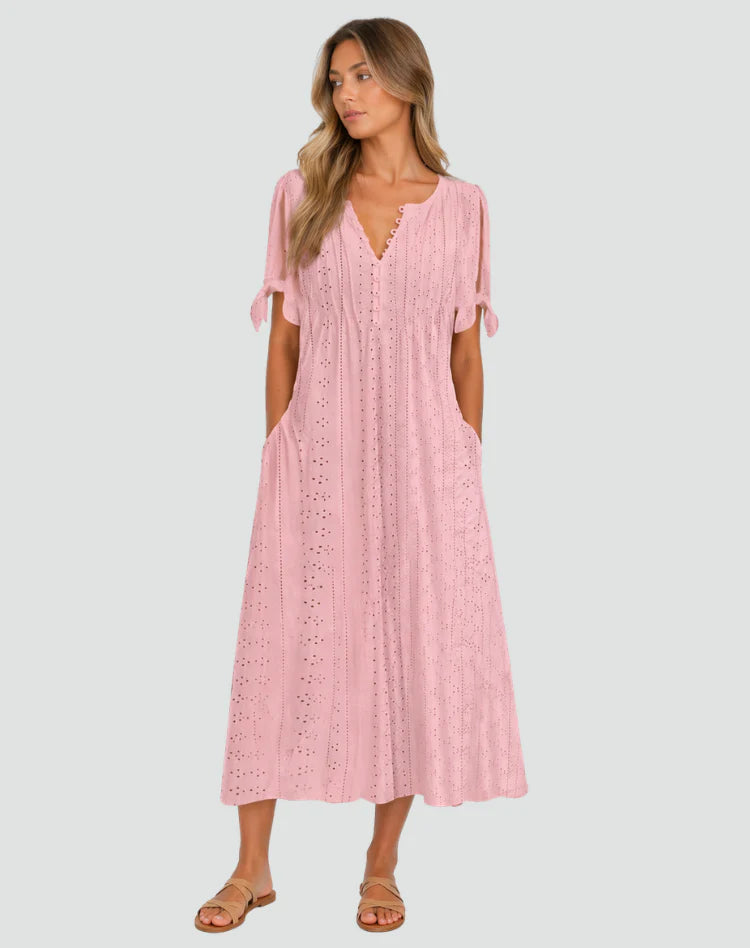 Amena | Women’s V Neck Tie Sleeve Button Front Midi Dress