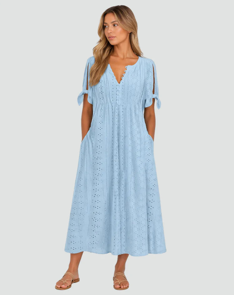 Amena | Women’s V Neck Tie Sleeve Button Front Midi Dress