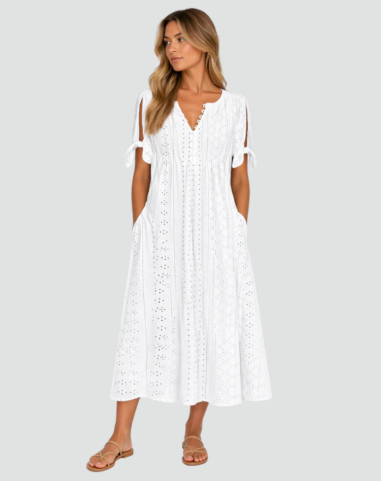 Amena | Women’s V Neck Tie Sleeve Button Front Midi Dress