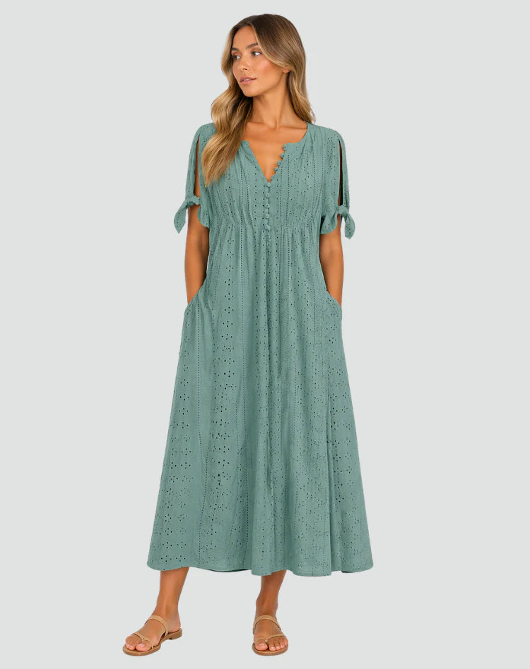 Amena | Women’s V Neck Tie Sleeve Button Front Midi Dress