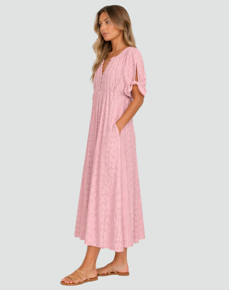 Amena | Women’s V Neck Tie Sleeve Button Front Midi Dress