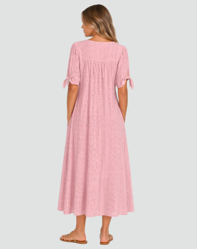 Amena | Women’s V Neck Tie Sleeve Button Front Midi Dress