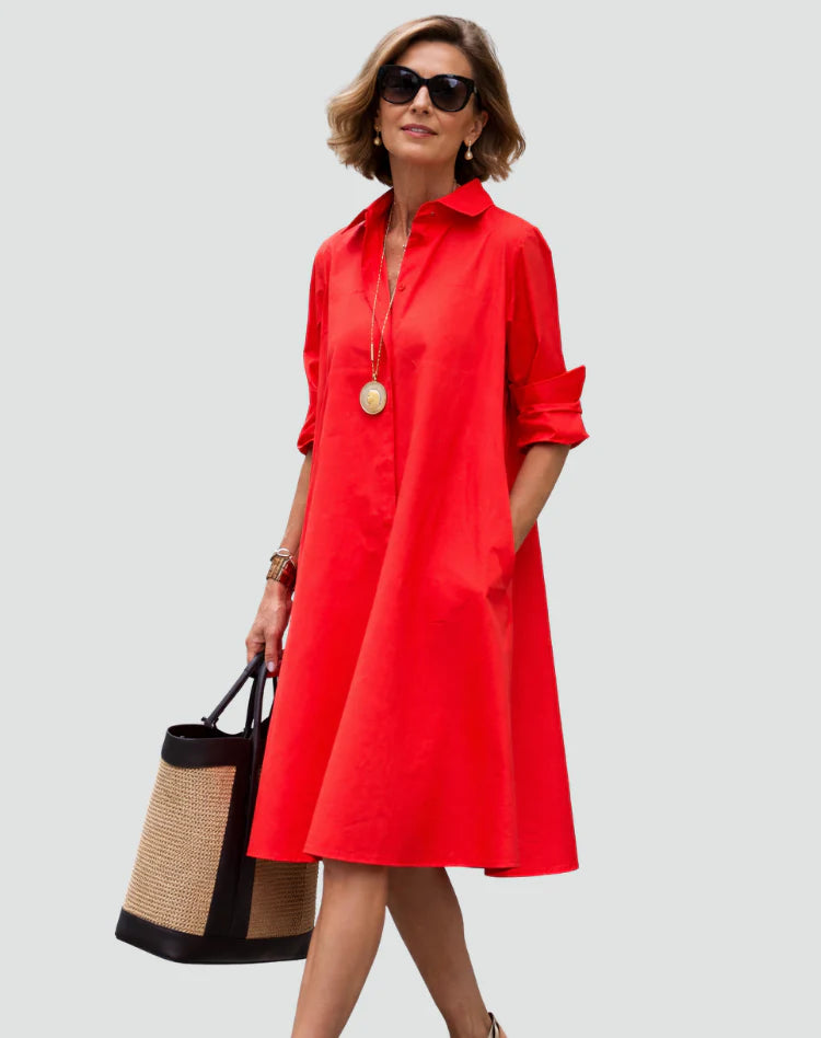 Amilia | Women’s Pocket Long Sleeve Pointed Collar Shirt Midi Dress