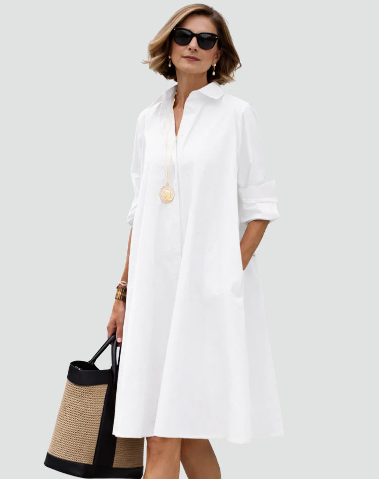 Amilia | Women’s Pocket Long Sleeve Pointed Collar Shirt Midi Dress