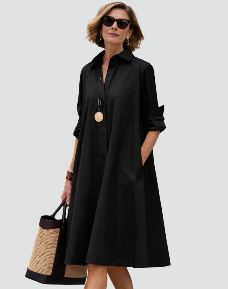 Amilia | Women’s Pocket Long Sleeve Pointed Collar Shirt Midi Dress