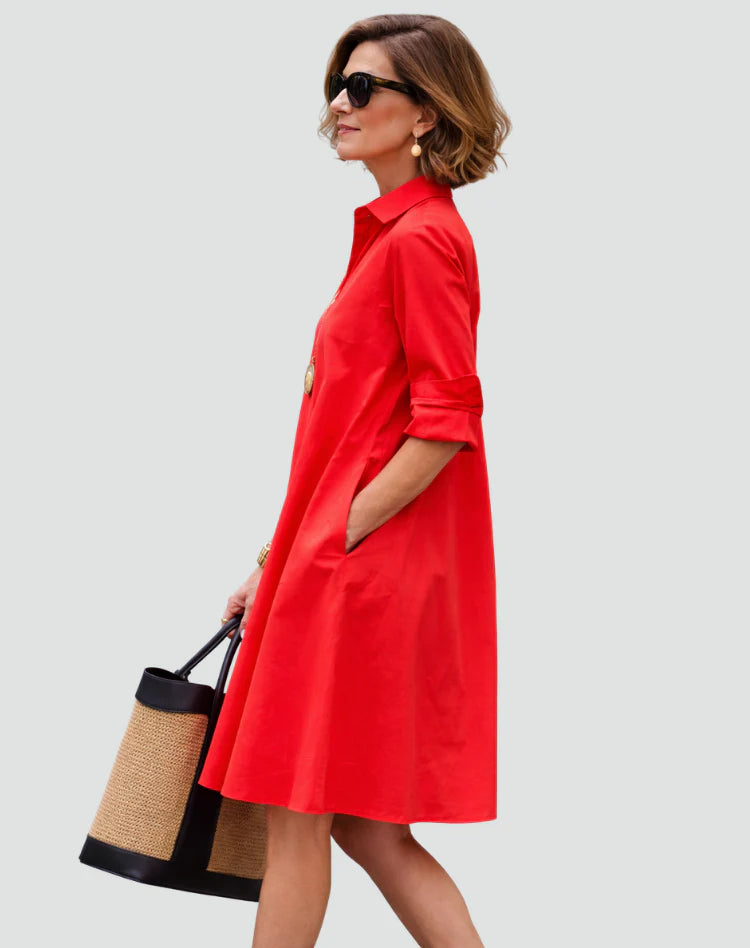 Amilia | Women’s Pocket Long Sleeve Pointed Collar Shirt Midi Dress
