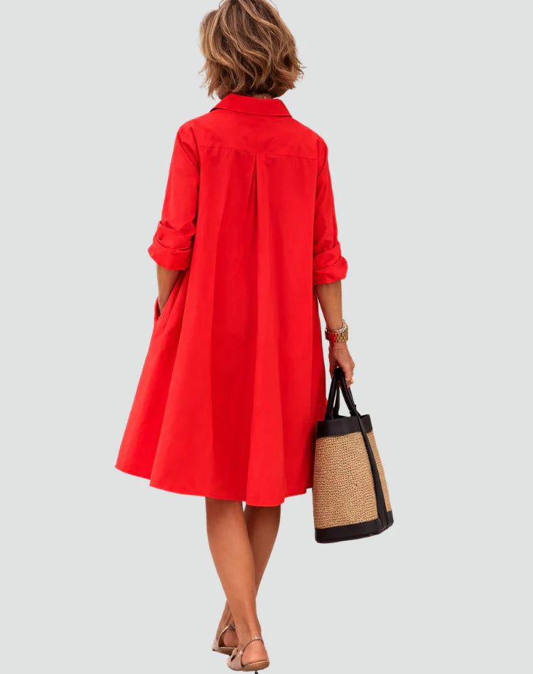 Amilia | Women’s Pocket Long Sleeve Pointed Collar Shirt Midi Dress