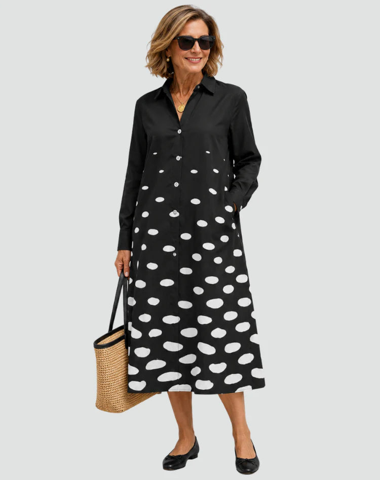 Amilia | Women’s Pocket Long Sleeve Pointed Collar Shirt Midi Dress