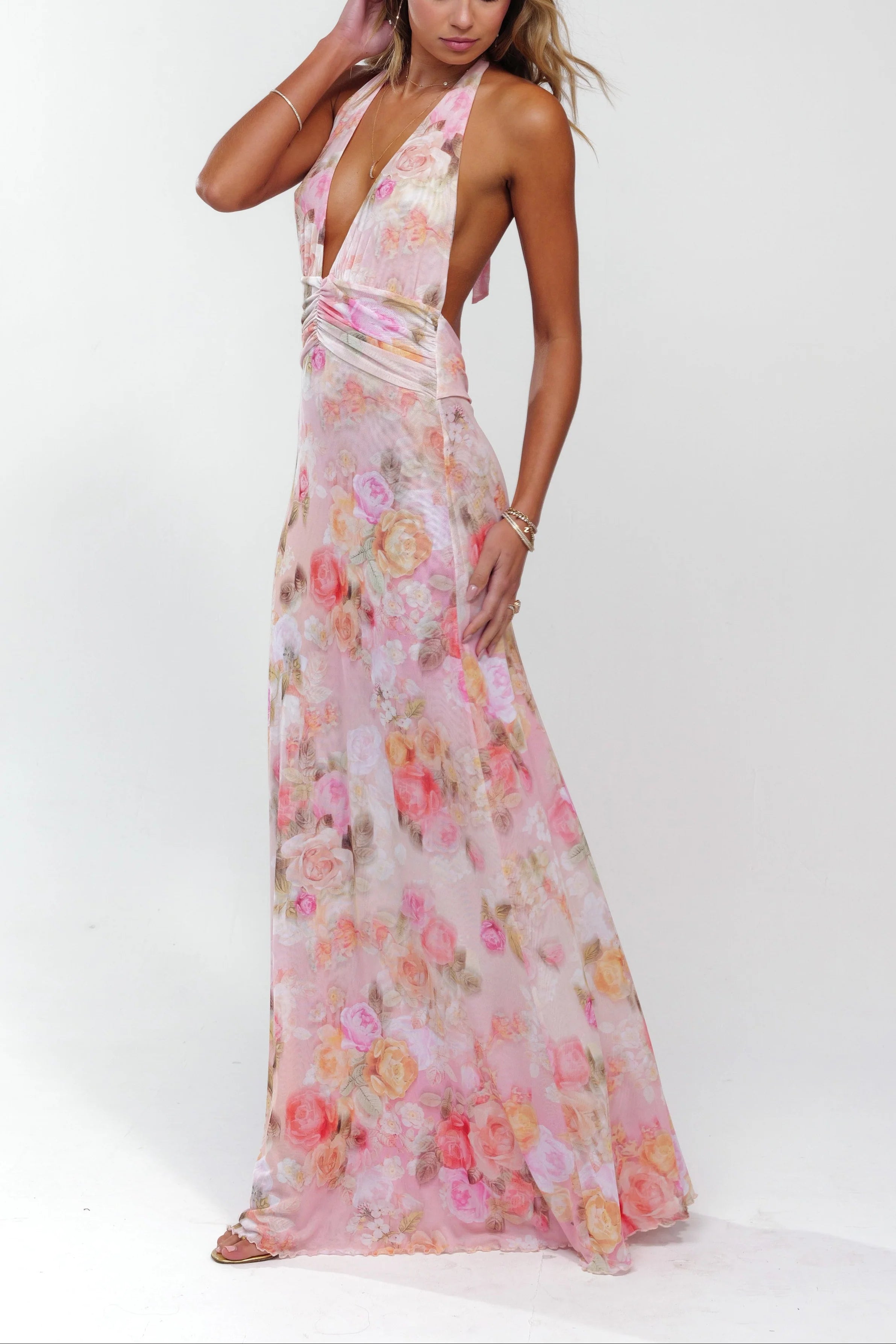 Aminata | Women’s Floral Sleeveless Halter Neck Flowy Maxi Dress