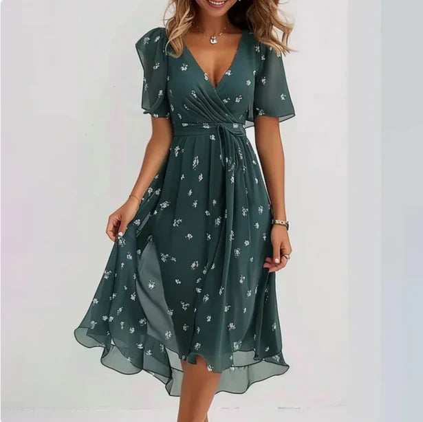 Amira | Women's V Neck Flowy Summer Midi Dress