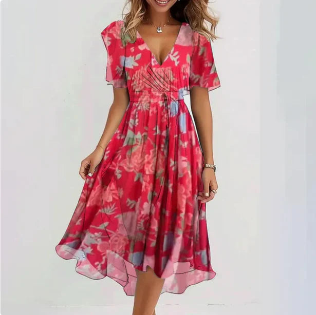 Amira | Women's V Neck Flowy Summer Midi Dress