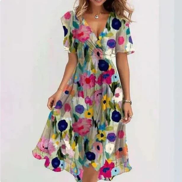 Amira | Women's V Neck Flowy Summer Midi Dress