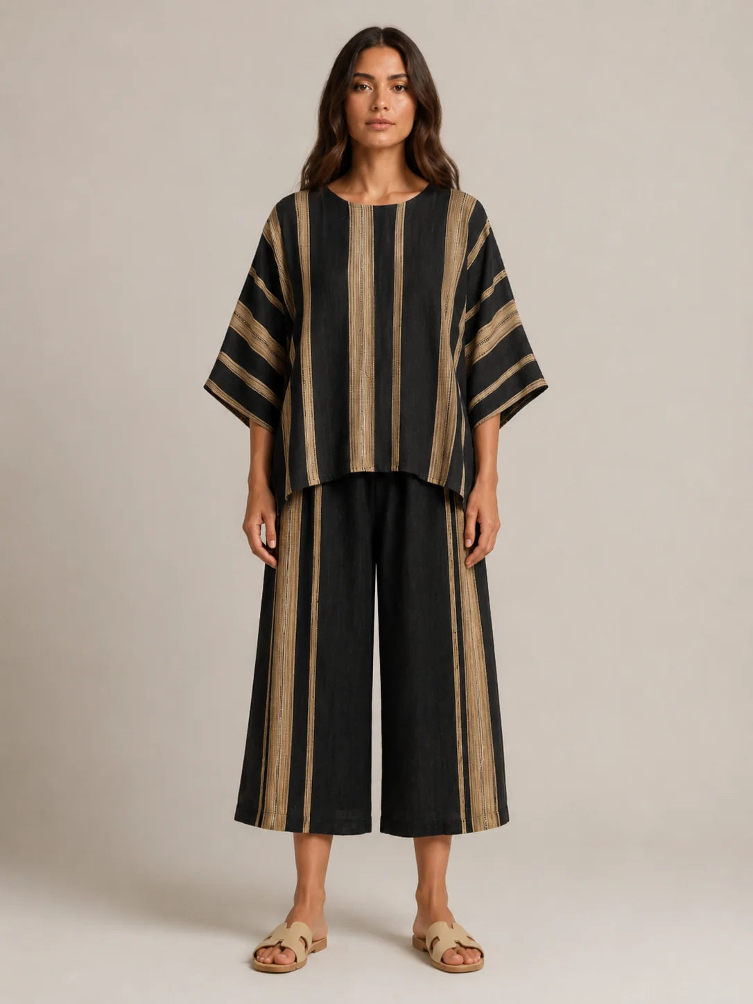 Amorita | Women’s Wide Leg Striped Scoop Neck Two Piece Set