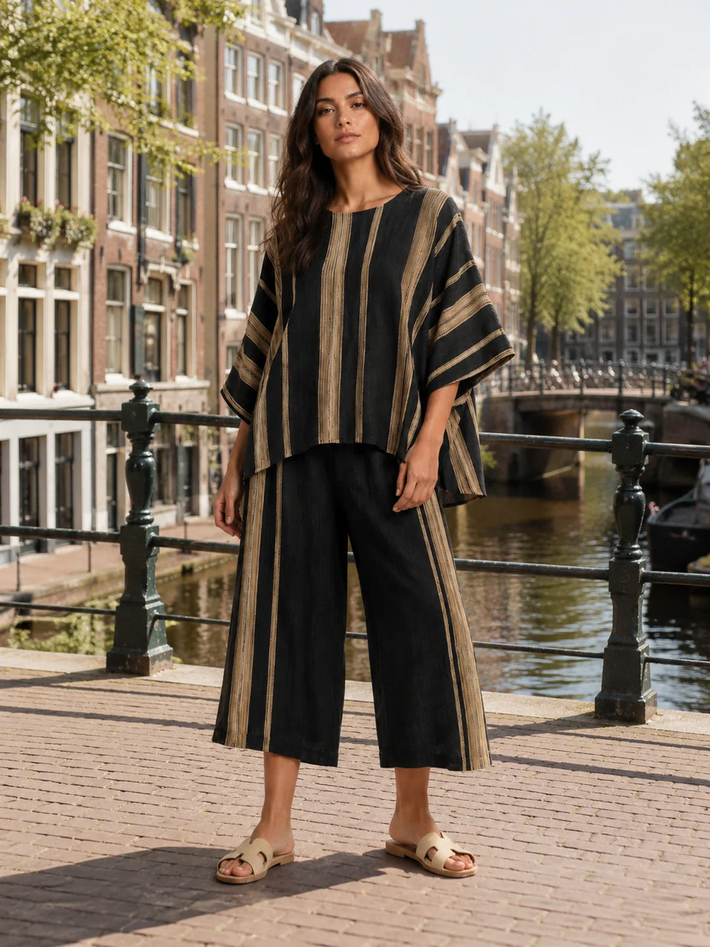 Amorita | Women’s Wide Leg Striped Scoop Neck Two Piece Set
