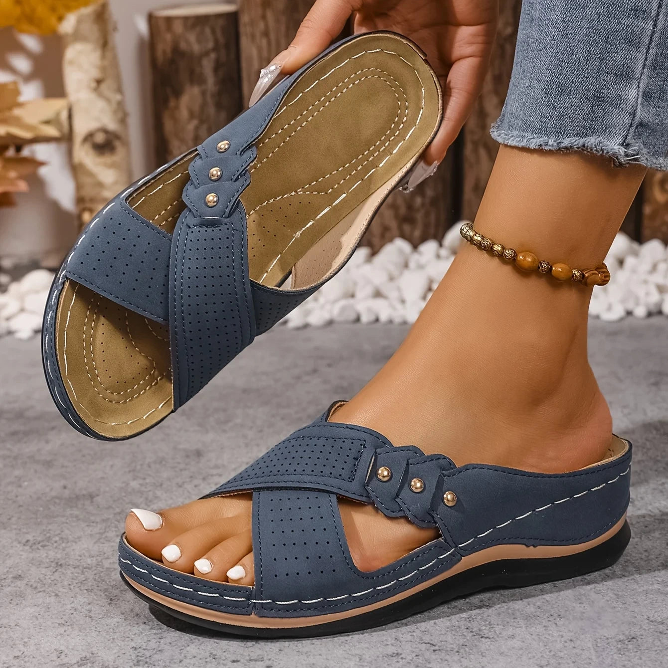 Amreen | Women's Criss Cross Strap Slip-On Platform Wedge Slides