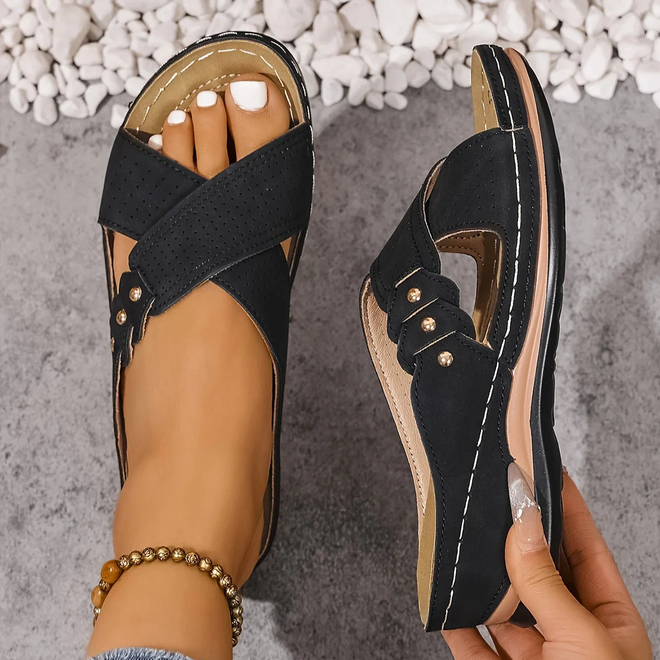 Amreen | Women's Criss Cross Strap Slip-On Platform Wedge Slides