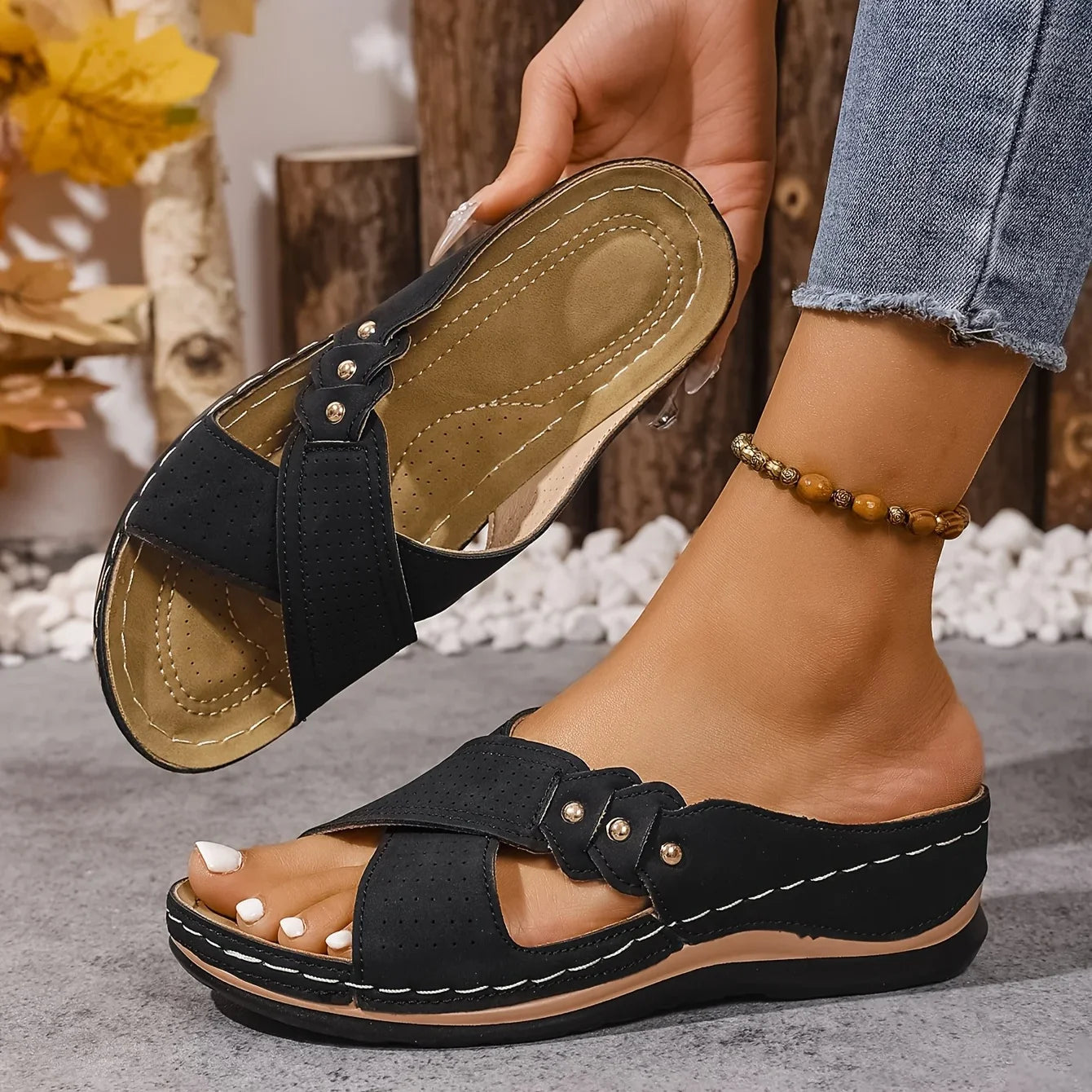 Amreen | Women's Criss Cross Strap Slip-On Platform Wedge Slides