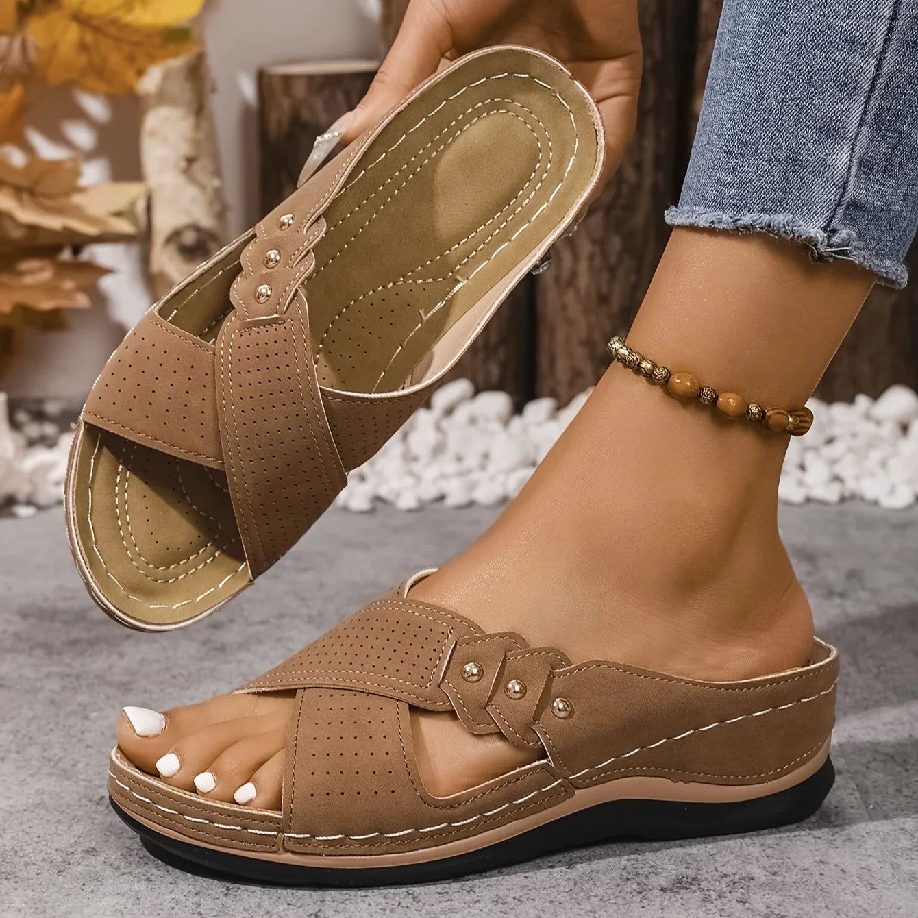 Amreen | Women's Criss Cross Strap Slip-On Platform Wedge Slides