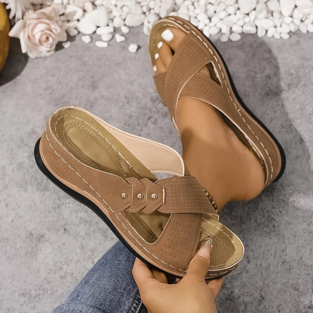 Amreen | Women's Criss Cross Strap Slip-On Platform Wedge Slides