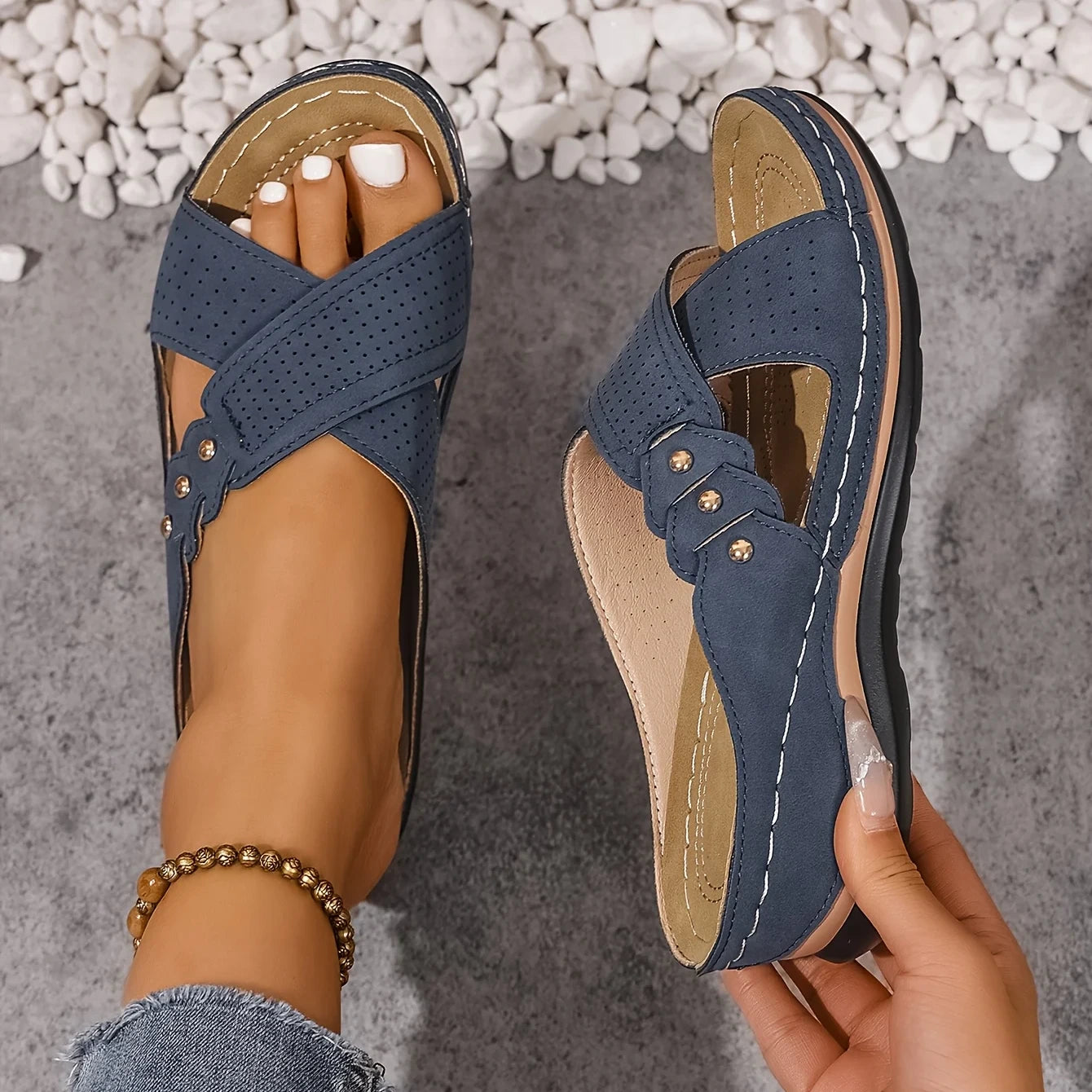 Amreen | Women's Criss Cross Strap Slip-On Platform Wedge Slides
