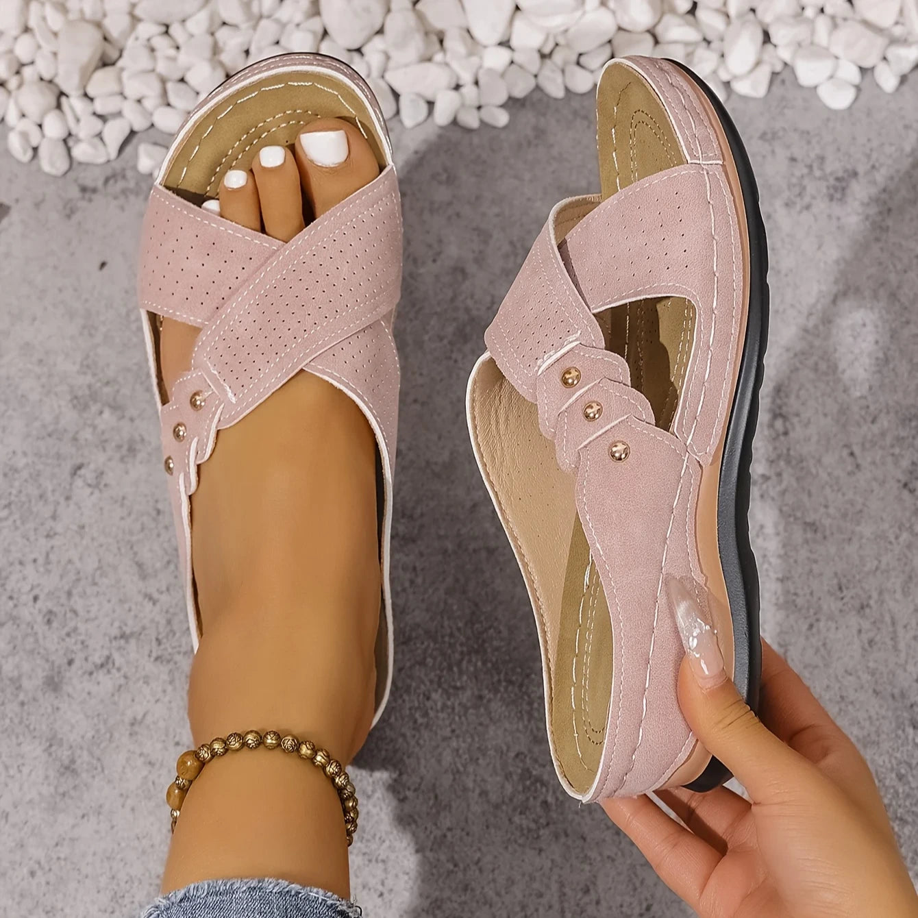 Amreen | Women's Criss Cross Strap Slip-On Platform Wedge Slides