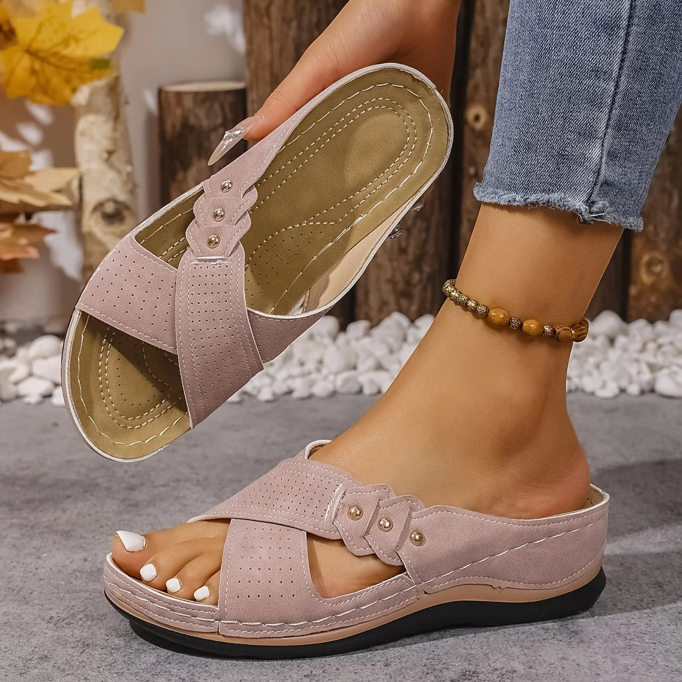 Amreen | Women's Criss Cross Strap Slip-On Platform Wedge Slides