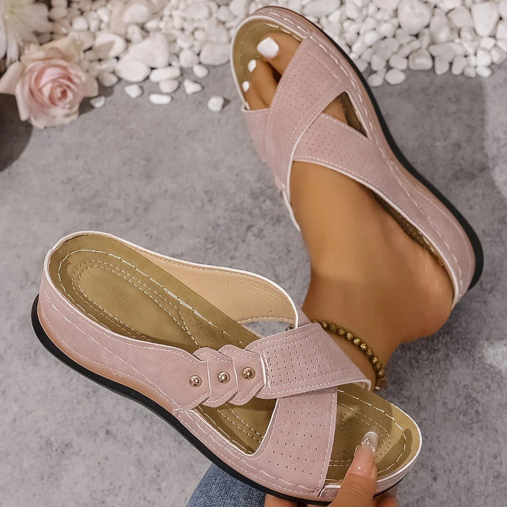 Amreen | Women's Criss Cross Strap Slip-On Platform Wedge Slides