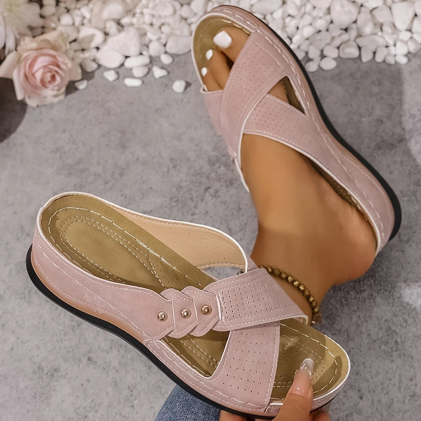 Amreen | Women's Criss Cross Strap Slip-On Platform Wedge Slides