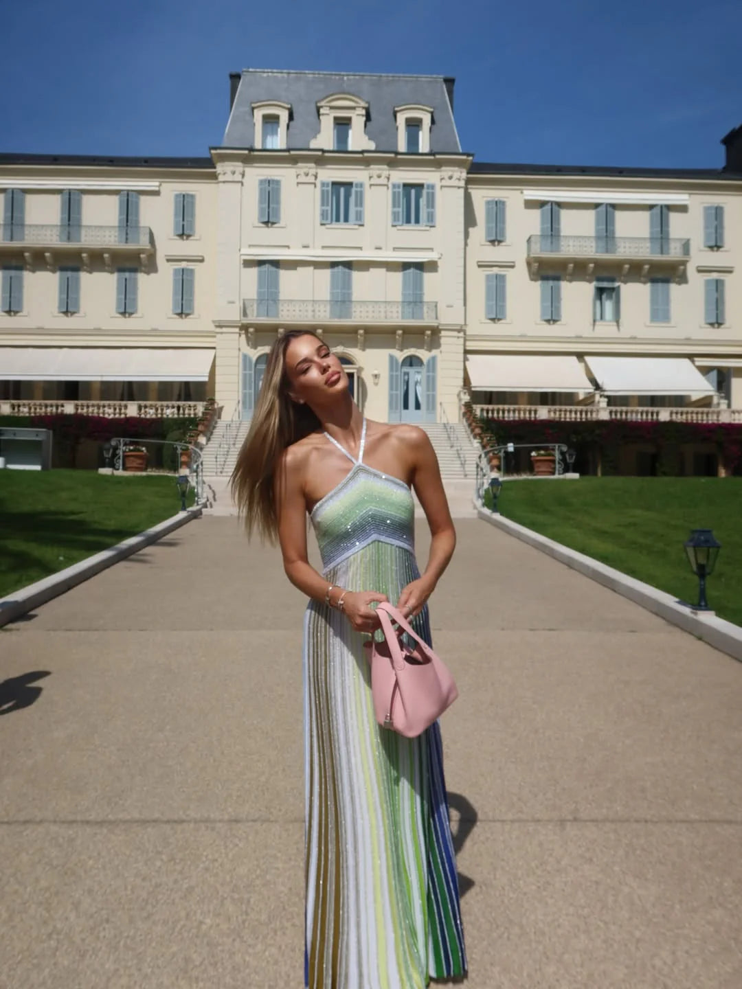 Anabel | Women’s Backless Halter Neck Striped Maxi Dress
