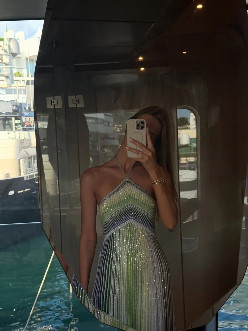 Anabel | Women’s Backless Halter Neck Striped Maxi Dress