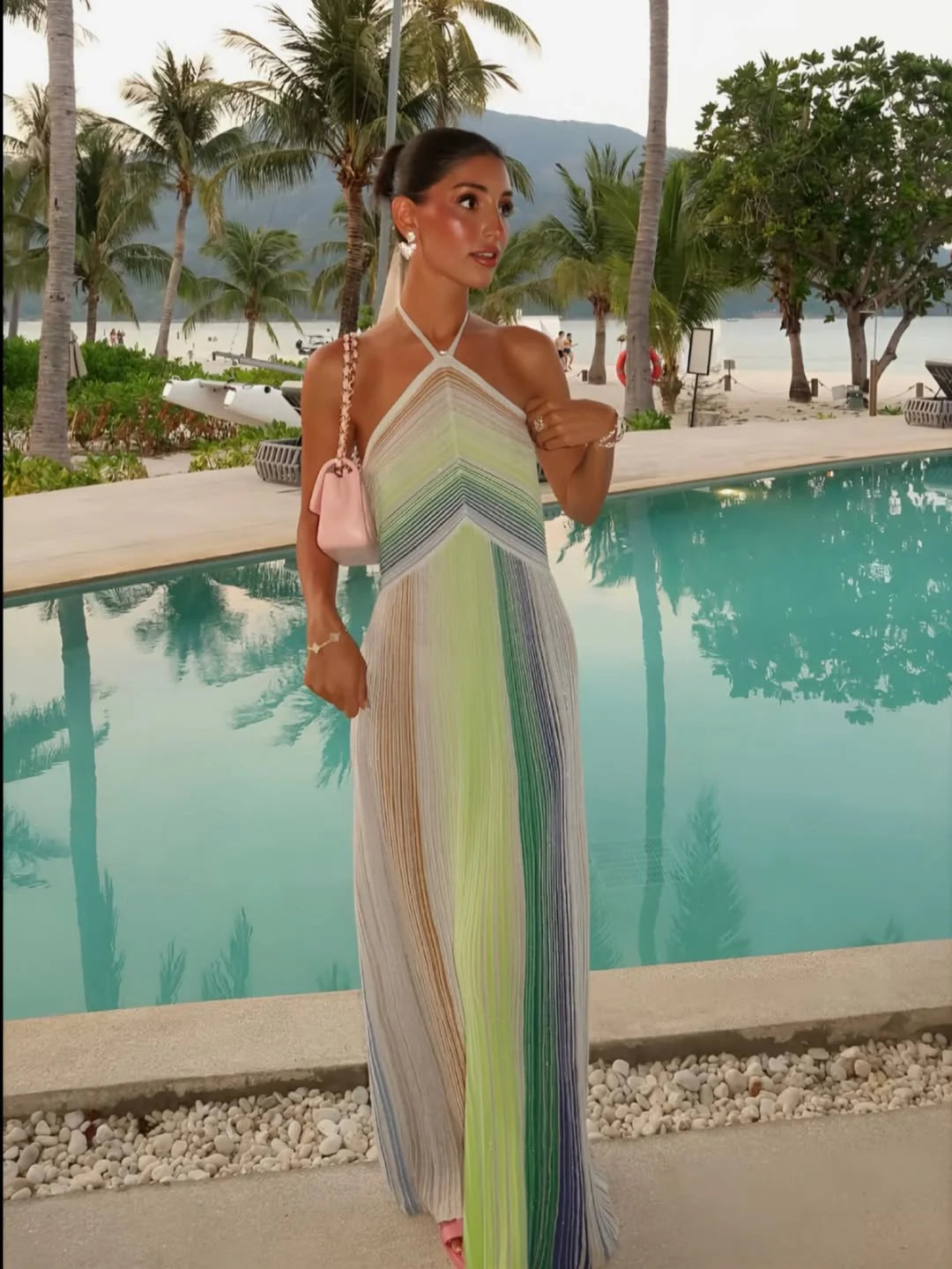 Anabel | Women’s Backless Halter Neck Striped Maxi Dress