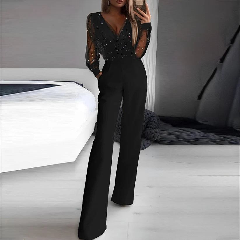 Anabela | Women's V-Neck Long Sleeve Wide Leg Sparkle Jumpsuit