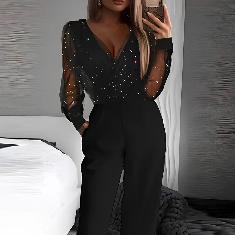 Anabela | Women's V-Neck Long Sleeve Wide Leg Sparkle Jumpsuit