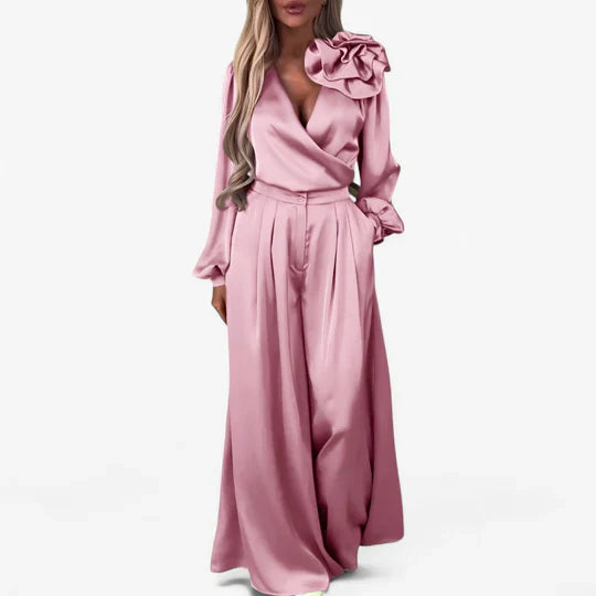 Anaisa | Women’s Long Sleeve V Neck Wide Leg Two Piece Set
