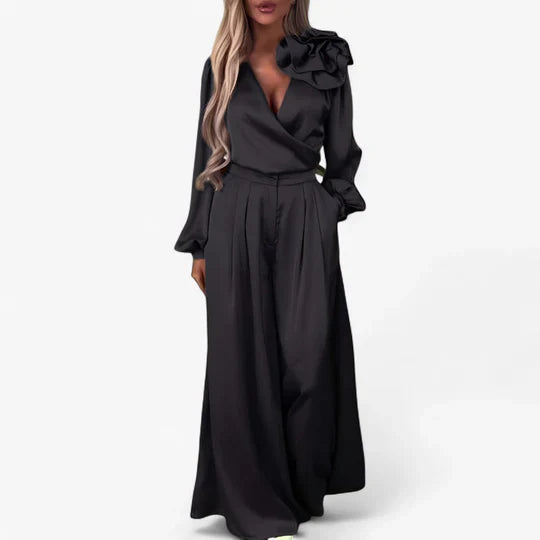 Anaisa | Women’s Long Sleeve V Neck Wide Leg Two Piece Set