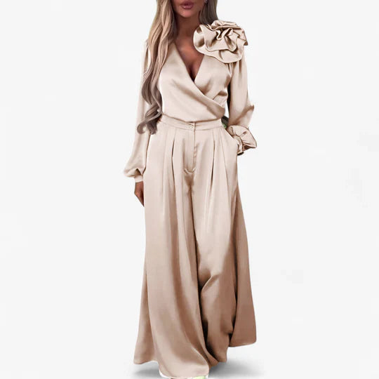 Anaisa | Women’s Long Sleeve V Neck Wide Leg Two Piece Set