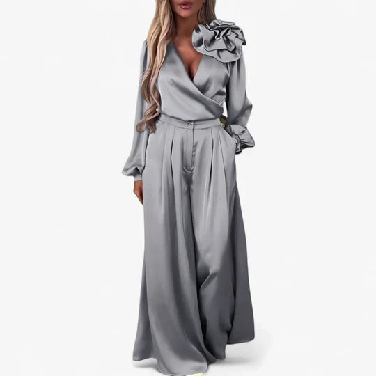 Anaisa | Women’s Long Sleeve V Neck Wide Leg Two Piece Set