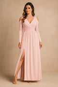 Analena | Women’s V Neck High Slit Long Sleeve Flowy Maxi Dress