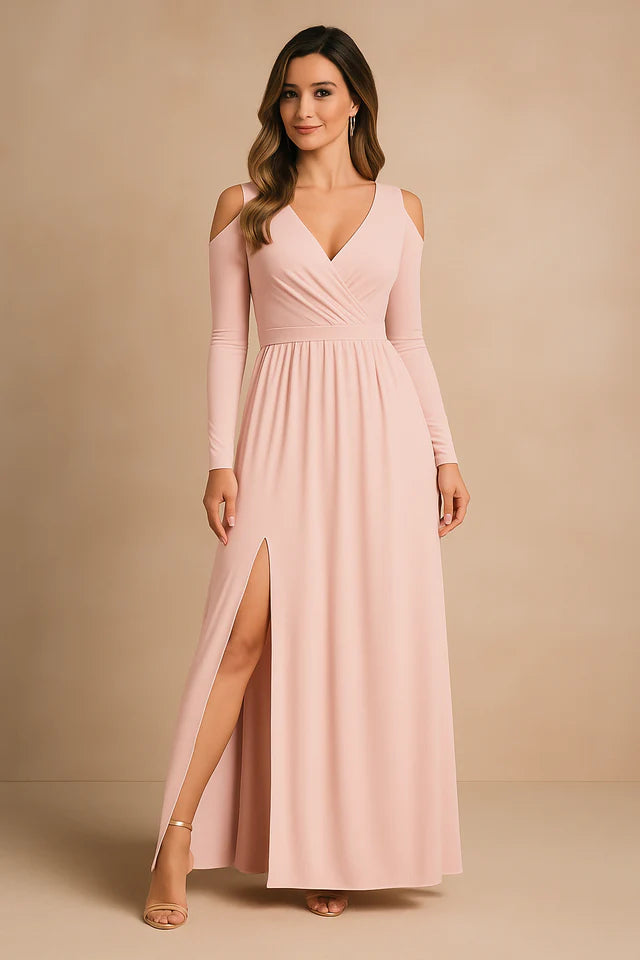 Analena | Women’s V Neck High Slit Long Sleeve Flowy Maxi Dress