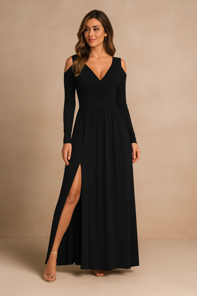 Analena | Women’s V Neck High Slit Long Sleeve Flowy Maxi Dress